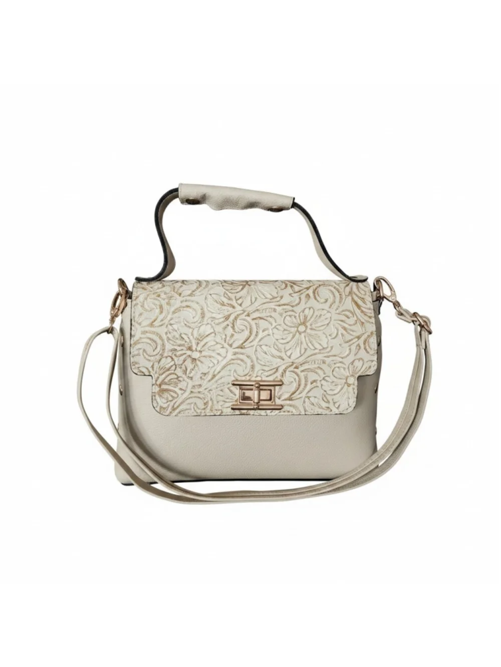 Off White Ivory Floral Studded Embossed Artisan LEATHER Purse Handbag Crossbody